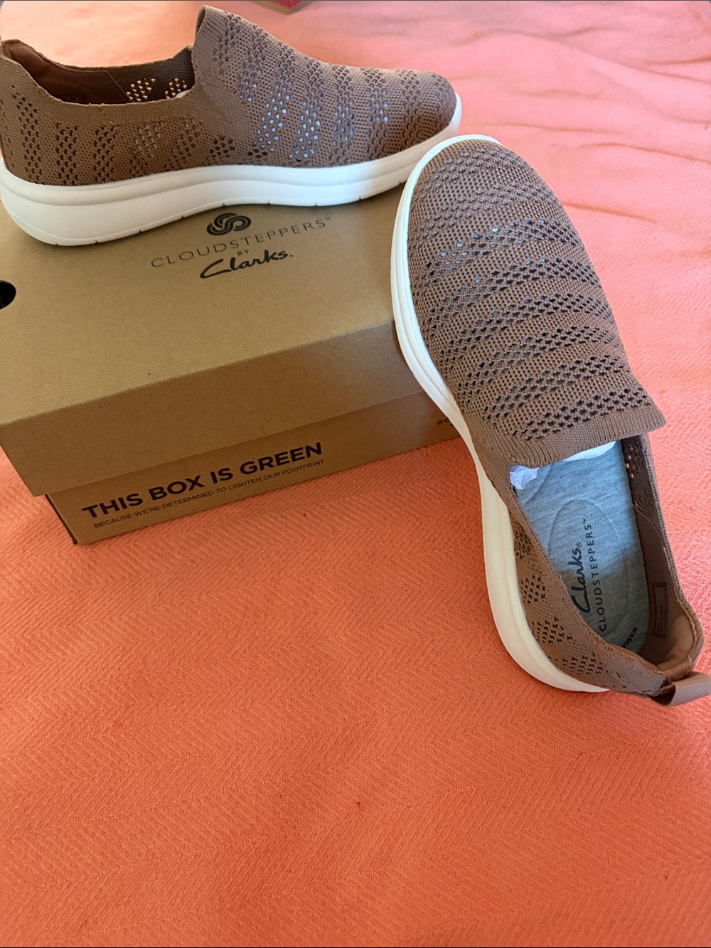 Clarks Cloudsteppers Knit Slip-On Loafers — Taupe with White Sole